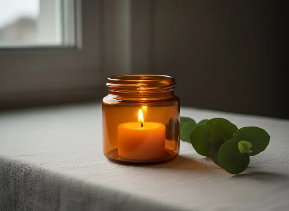 The same candle as a polished product photo on cream linen with a eucalyptus sprig