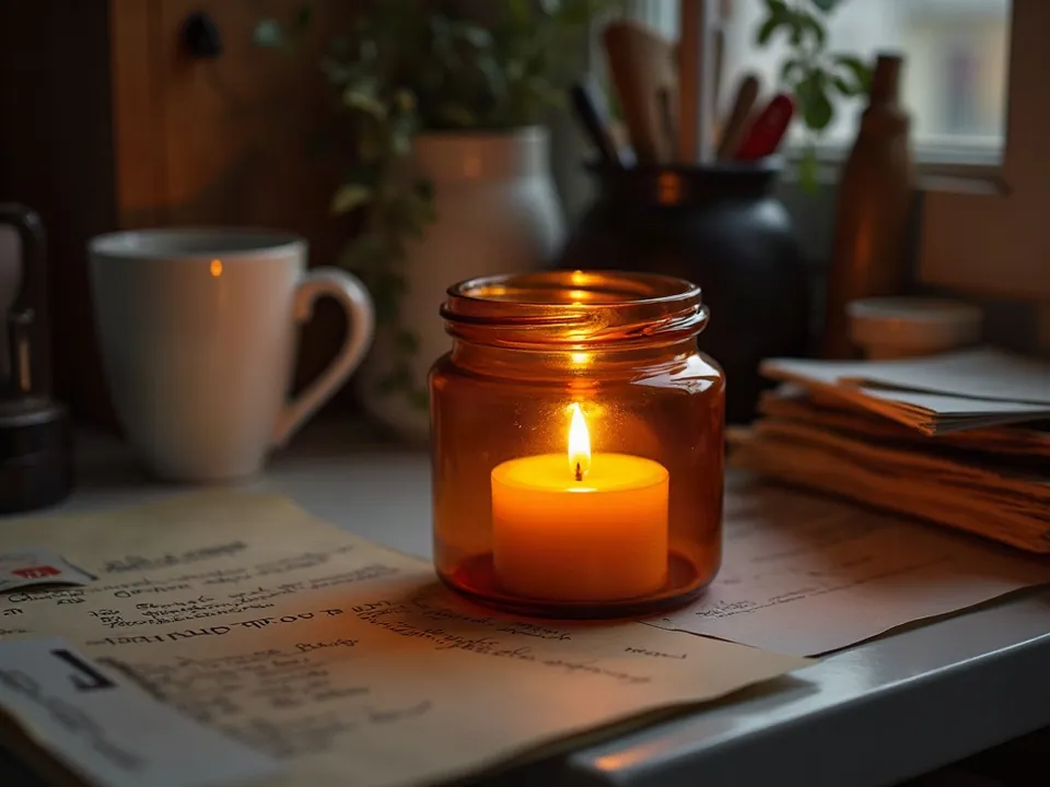 A candle on a cluttered kitchen counter, photographed on a phone