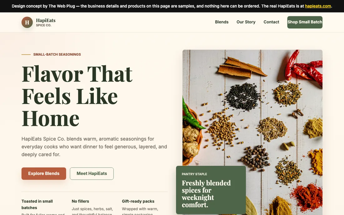 A sample spice shop website with a large headline and a photo of spices