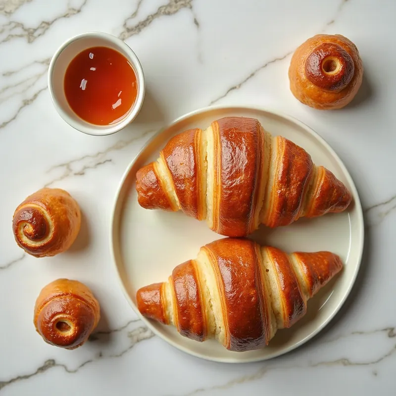 Two croissants and sweet buns on a marble counter with a pot of jam