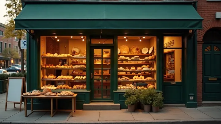 A small bakery storefront with a green awning and lit window