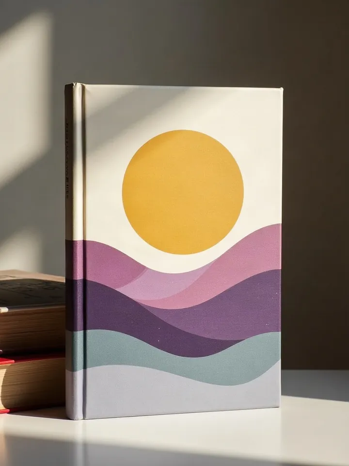 A hardcover book with a gold sun over layered purple and teal hills