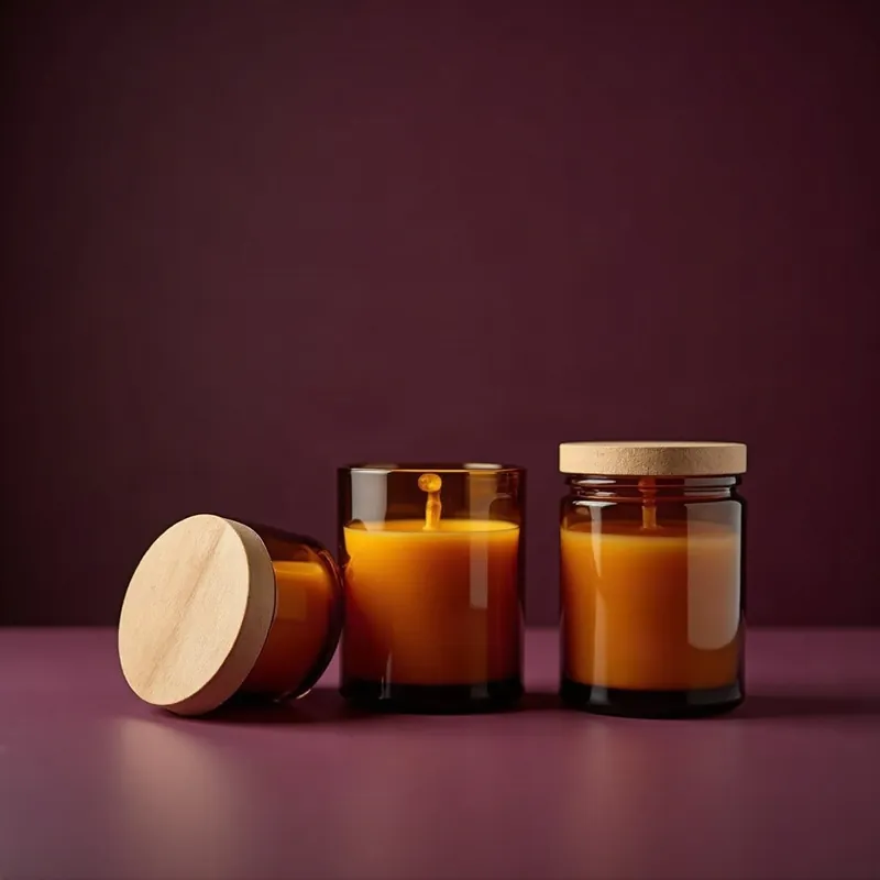 Amber candle jars on a plum surface