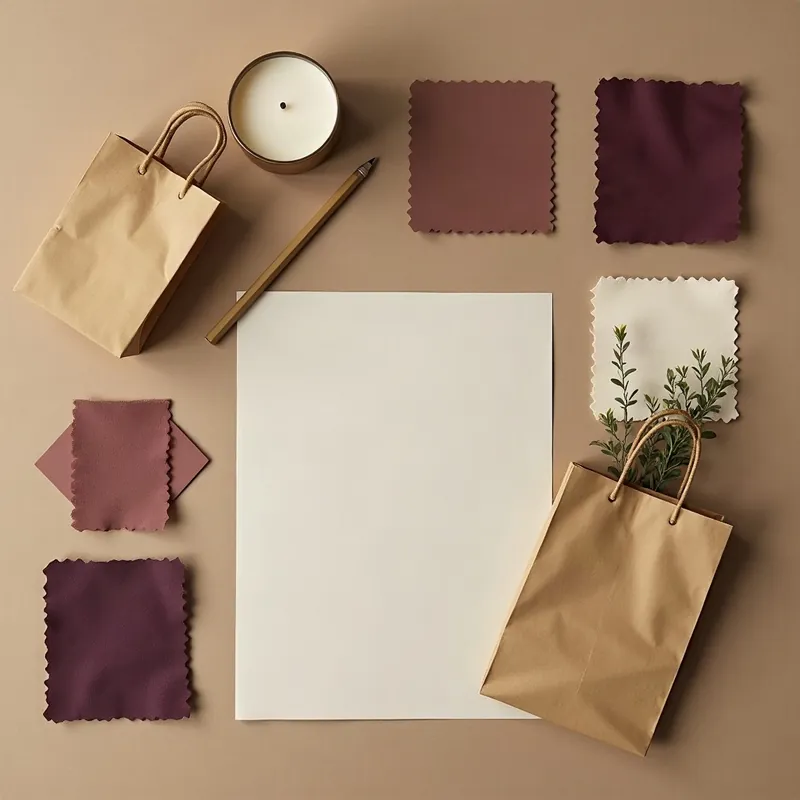 A flat lay of kraft bags, plum fabric swatches and a blank card