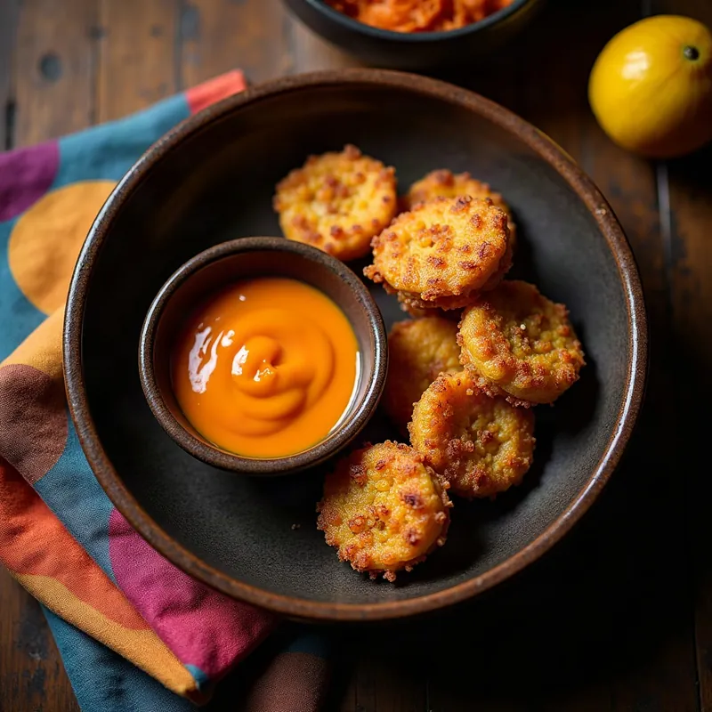 Fried plantains with a bright sauce on a dark plate, shot from above