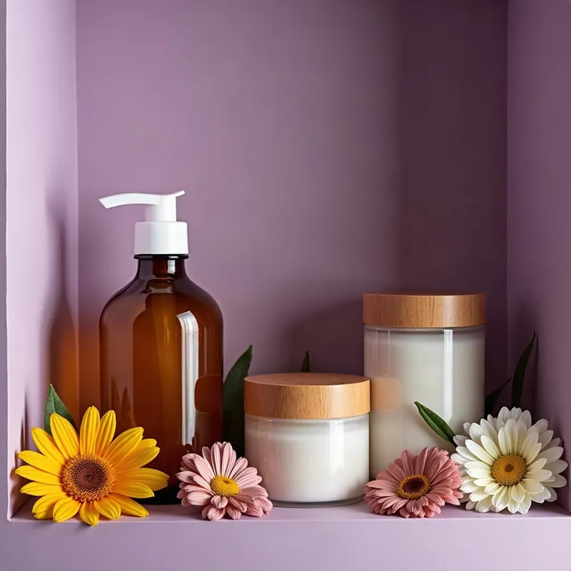 Bottles and jars on a lilac shelf with small flowers